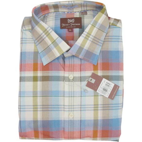 NEW $195 Hickey Freeman Button Front Shirt!  Blue Tan Rust Orange White Plaid - Picture 1 of 1